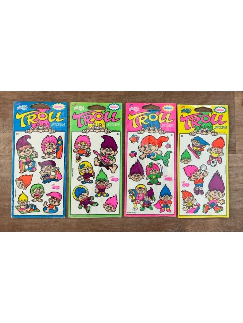 Vintage Mello Smello Troll Stickers Complete Set #1-4 Sealed Neon 4 Packs